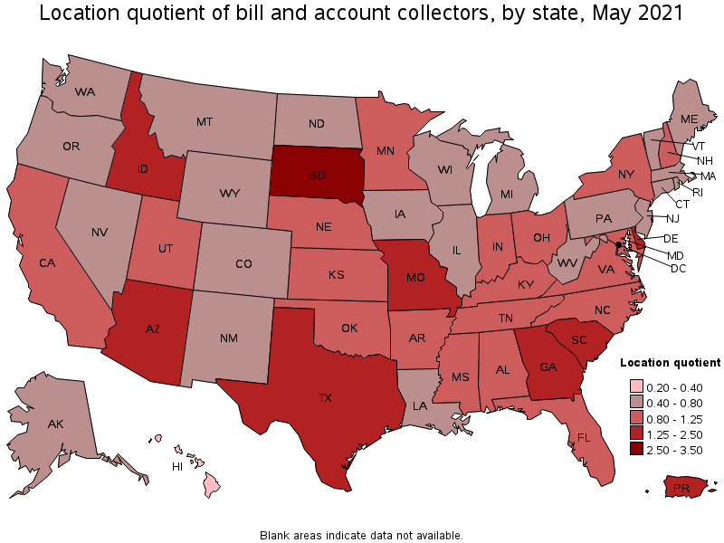Map of location quotient of bill and account collectors by state, May 2021