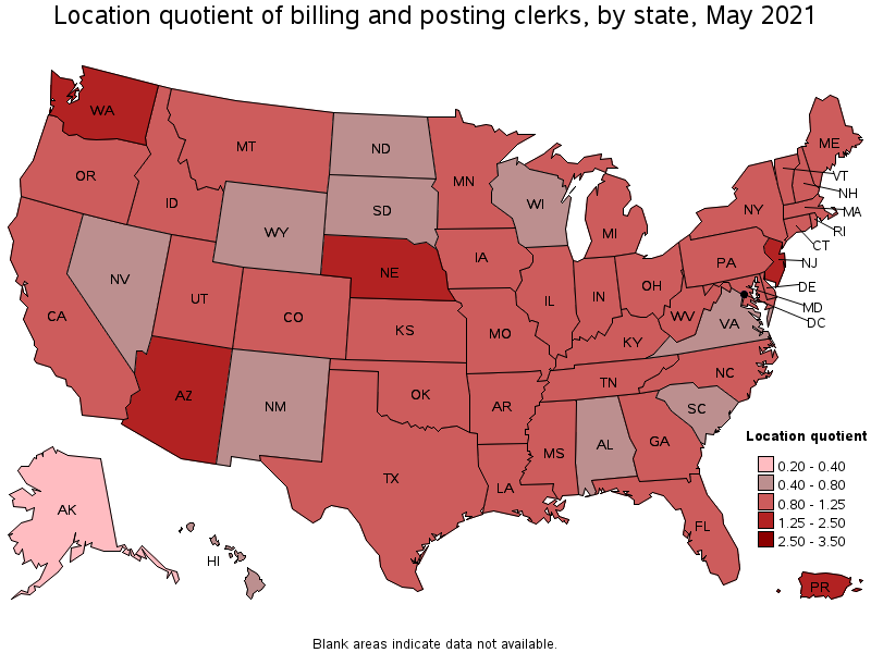 Map of location quotient of billing and posting clerks by state, May 2021