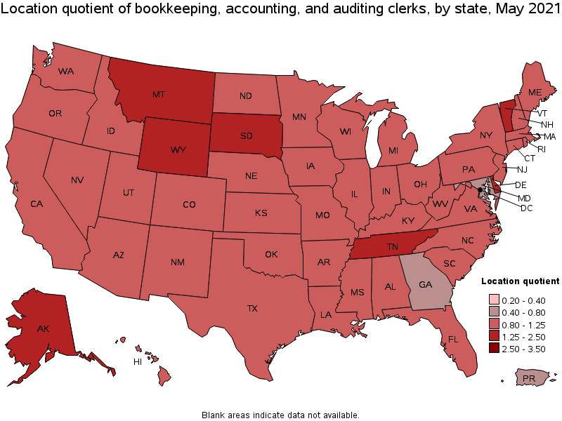 Map of location quotient of bookkeeping, accounting, and auditing clerks by state, May 2021