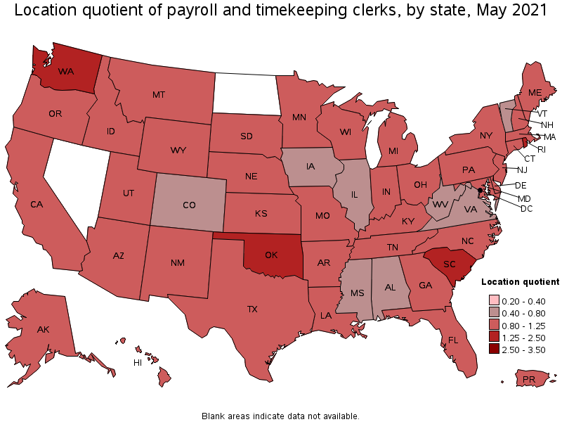Map of location quotient of payroll and timekeeping clerks by state, May 2021