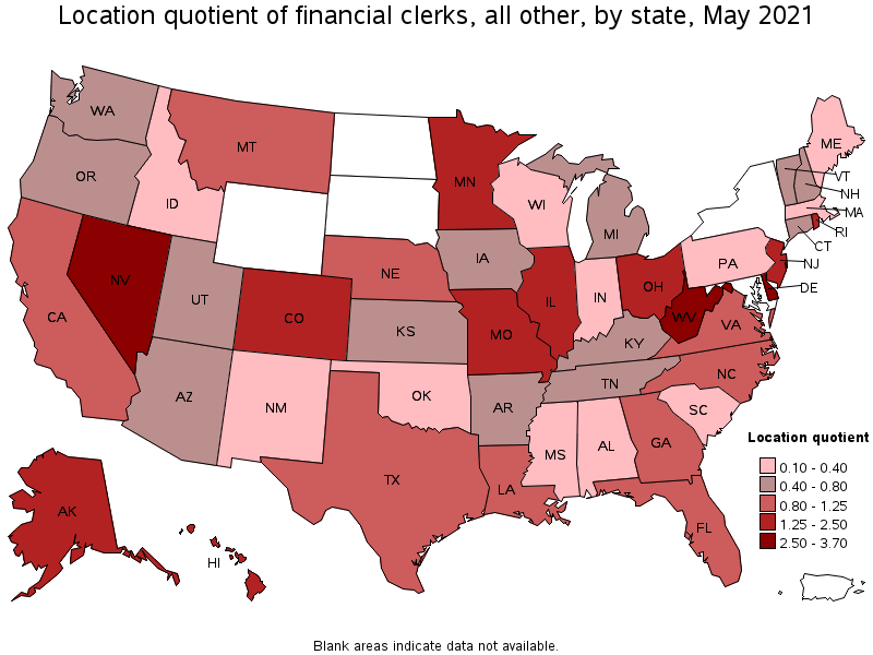 Map of location quotient of financial clerks, all other by state, May 2021