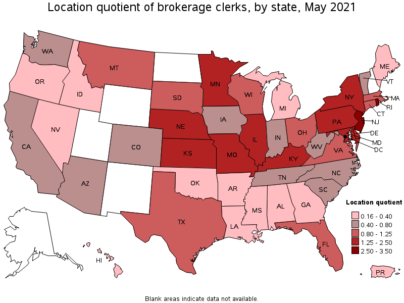 Map of location quotient of brokerage clerks by state, May 2021