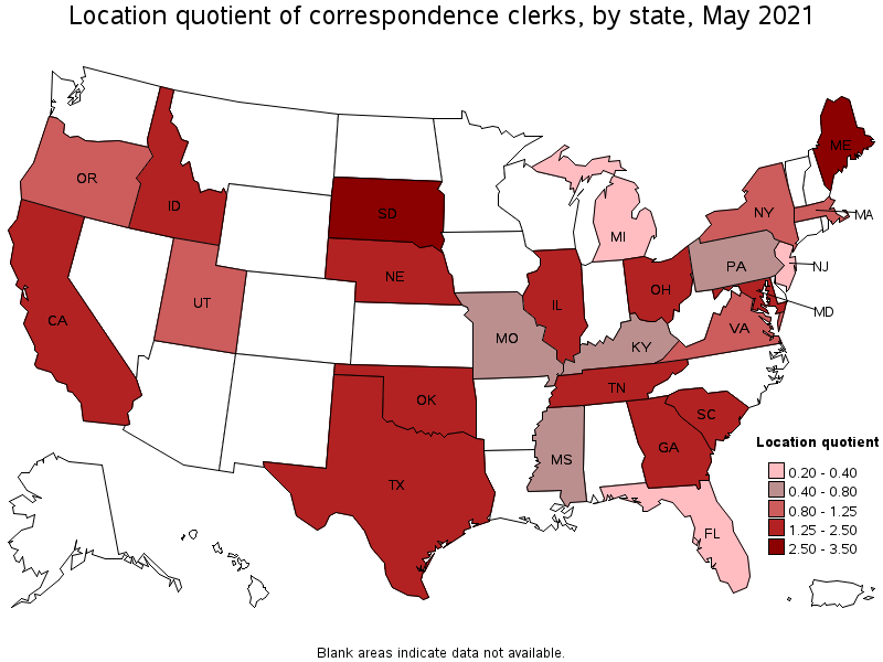 Map of location quotient of correspondence clerks by state, May 2021