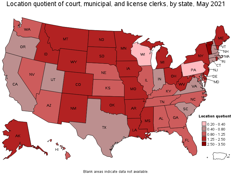 Map of location quotient of court, municipal, and license clerks by state, May 2021