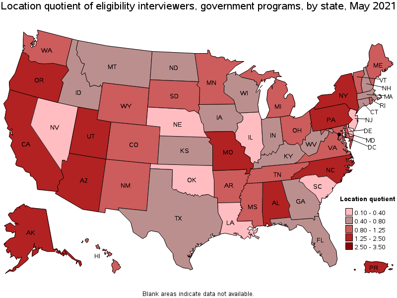 Map of location quotient of eligibility interviewers, government programs by state, May 2021