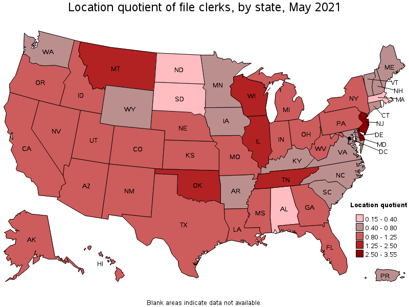 Map of location quotient of file clerks by state, May 2021