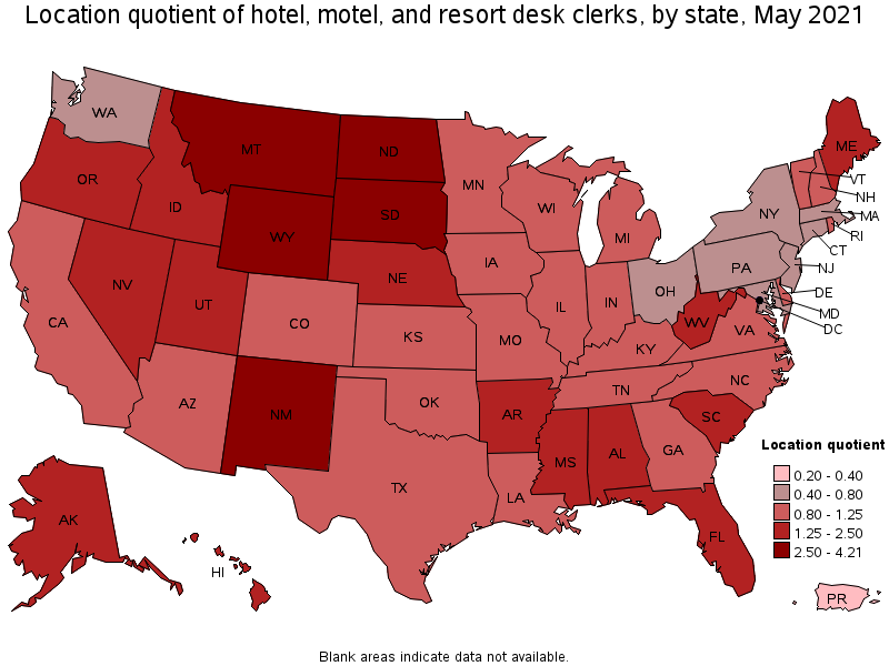 Map of location quotient of hotel, motel, and resort desk clerks by state, May 2021
