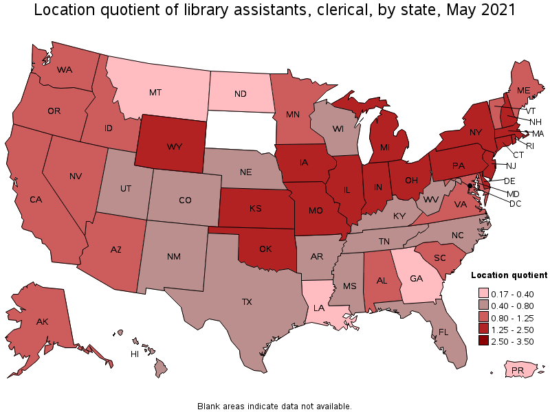 Map of location quotient of library assistants, clerical by state, May 2021