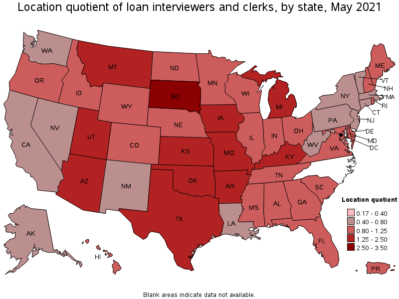 Map of location quotient of loan interviewers and clerks by state, May 2021