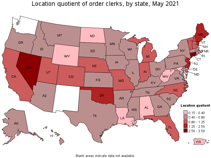 Map of location quotient of order clerks by state, May 2021