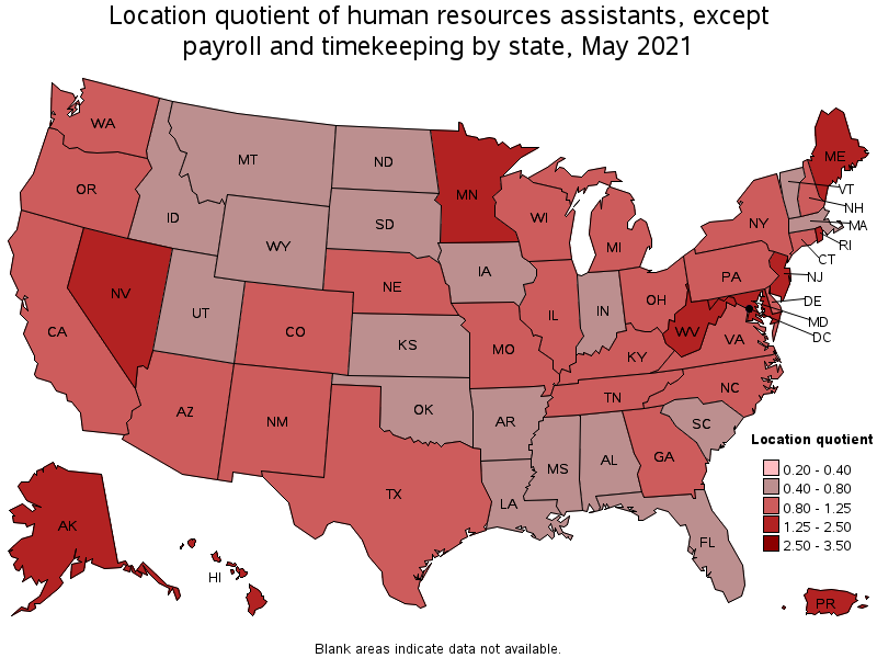 Map of location quotient of human resources assistants, except payroll and timekeeping by state, May 2021