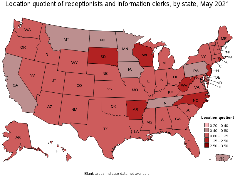 Map of location quotient of receptionists and information clerks by state, May 2021