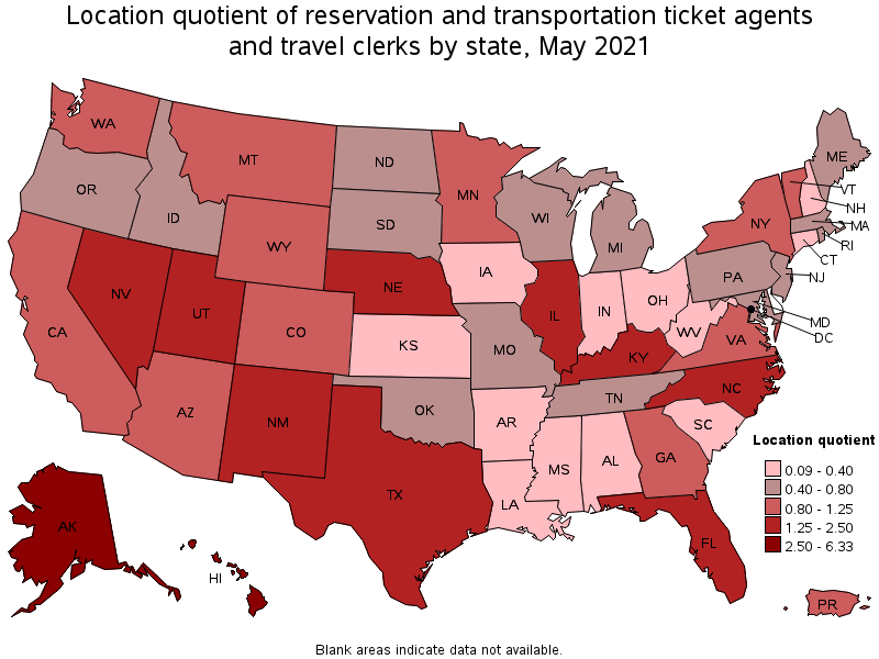 Map of location quotient of reservation and transportation ticket agents and travel clerks by state, May 2021
