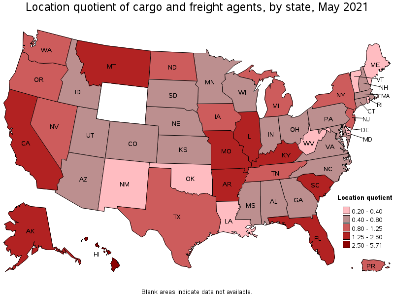 Map of location quotient of cargo and freight agents by state, May 2021