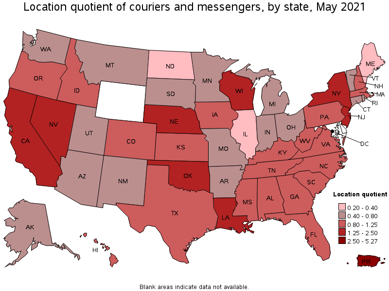 Map of location quotient of couriers and messengers by state, May 2021