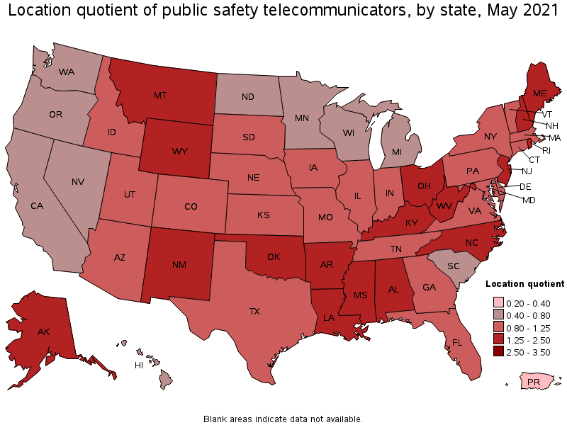 Map of location quotient of public safety telecommunicators by state, May 2021