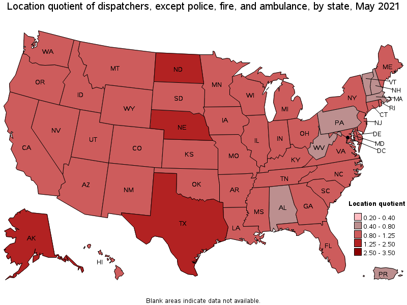 Map of location quotient of dispatchers, except police, fire, and ambulance by state, May 2021