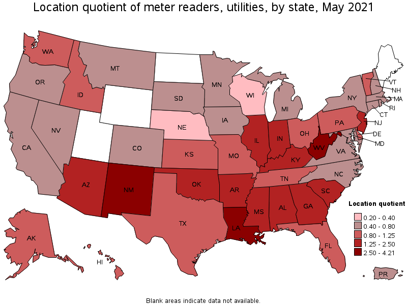 Map of location quotient of meter readers, utilities by state, May 2021