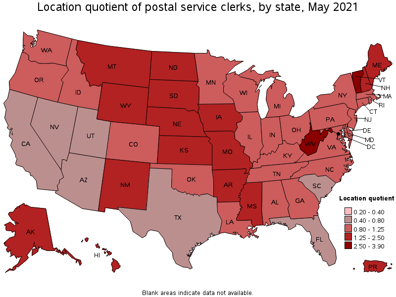 Map of location quotient of postal service clerks by state, May 2021
