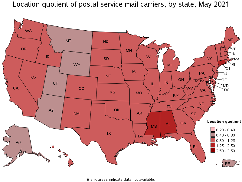 Map of location quotient of postal service mail carriers by state, May 2021
