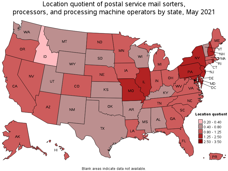 Map of location quotient of postal service mail sorters, processors, and processing machine operators by state, May 2021