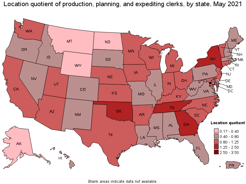 Map of location quotient of production, planning, and expediting clerks by state, May 2021