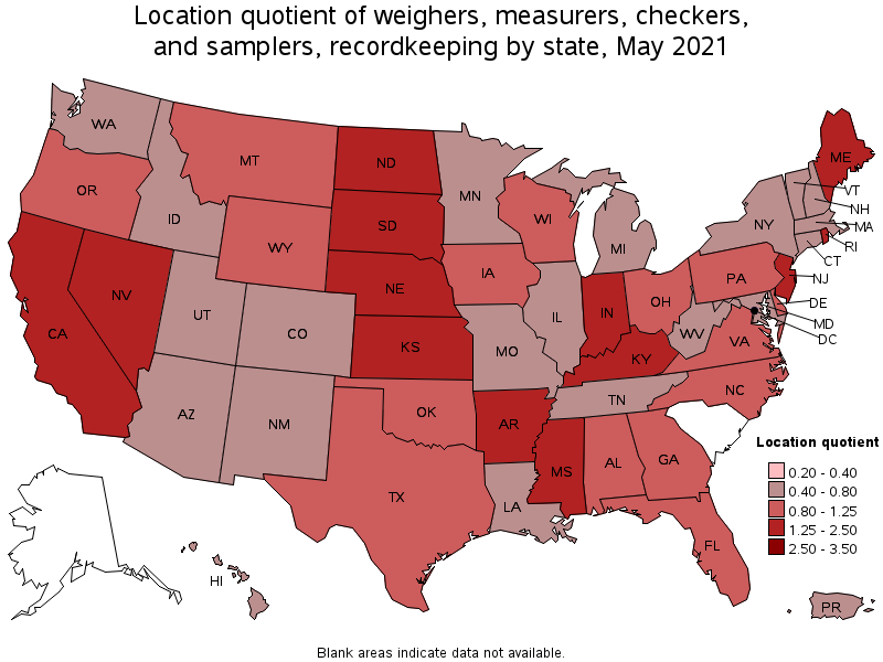 Map of location quotient of weighers, measurers, checkers, and samplers, recordkeeping by state, May 2021