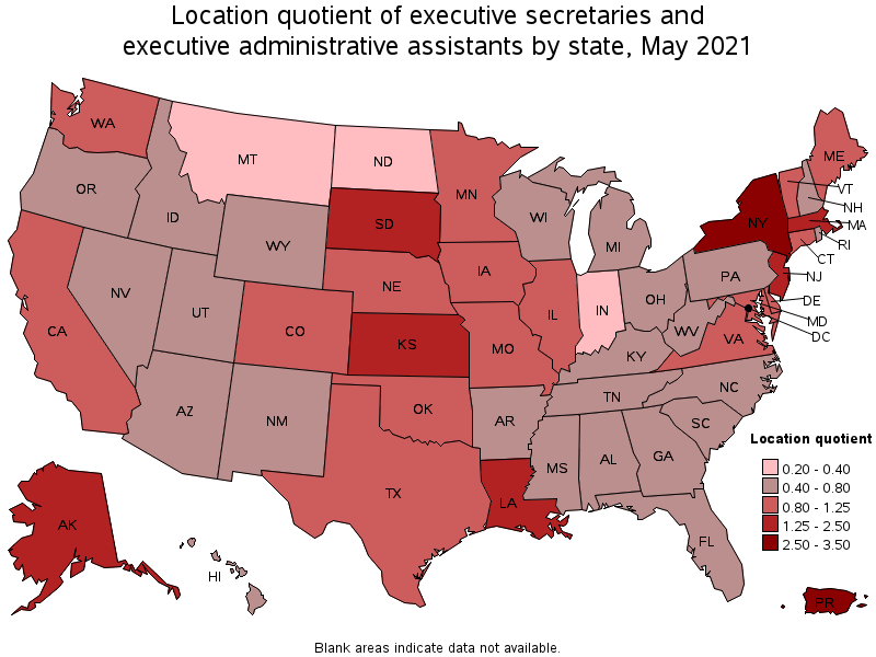 Map of location quotient of executive secretaries and executive administrative assistants by state, May 2021