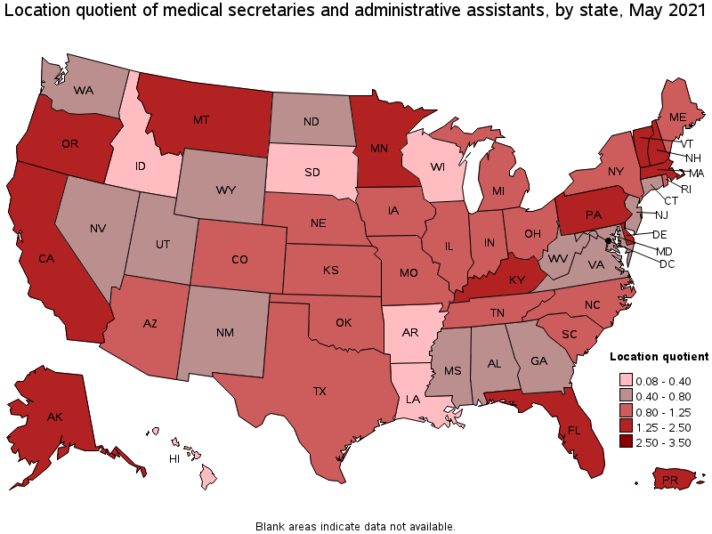 Map of location quotient of medical secretaries and administrative assistants by state, May 2021