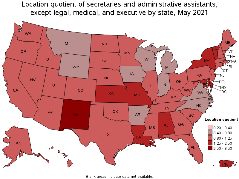 Map of location quotient of secretaries and administrative assistants, except legal, medical, and executive by state, May 2021