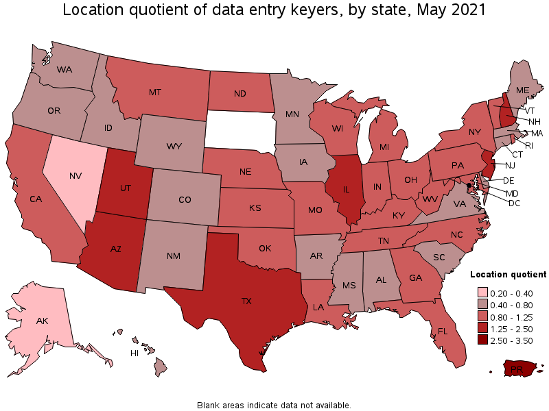 Map of location quotient of data entry keyers by state, May 2021