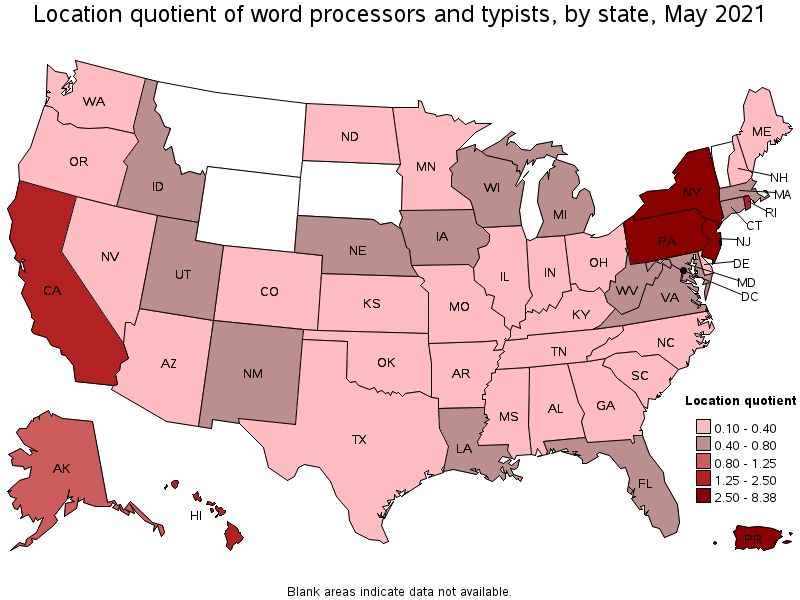 Map of location quotient of word processors and typists by state, May 2021