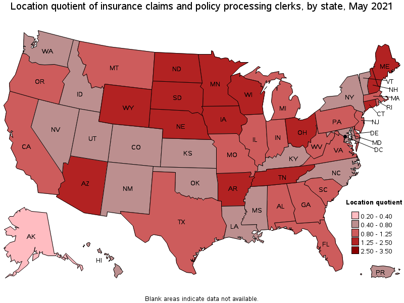 Map of location quotient of insurance claims and policy processing clerks by state, May 2021