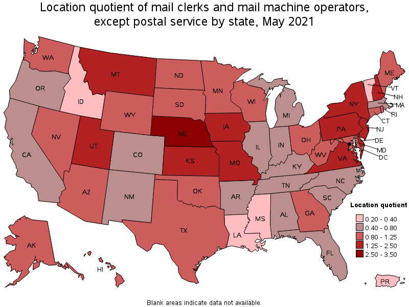 Map of location quotient of mail clerks and mail machine operators, except postal service by state, May 2021