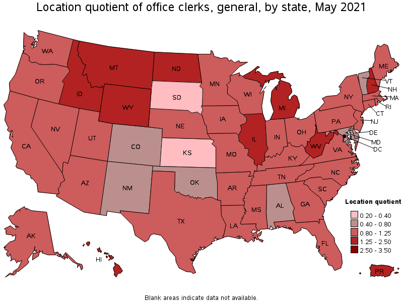 Map of location quotient of office clerks, general by state, May 2021