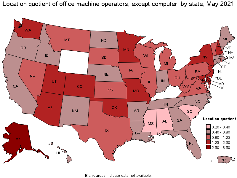 Map of location quotient of office machine operators, except computer by state, May 2021