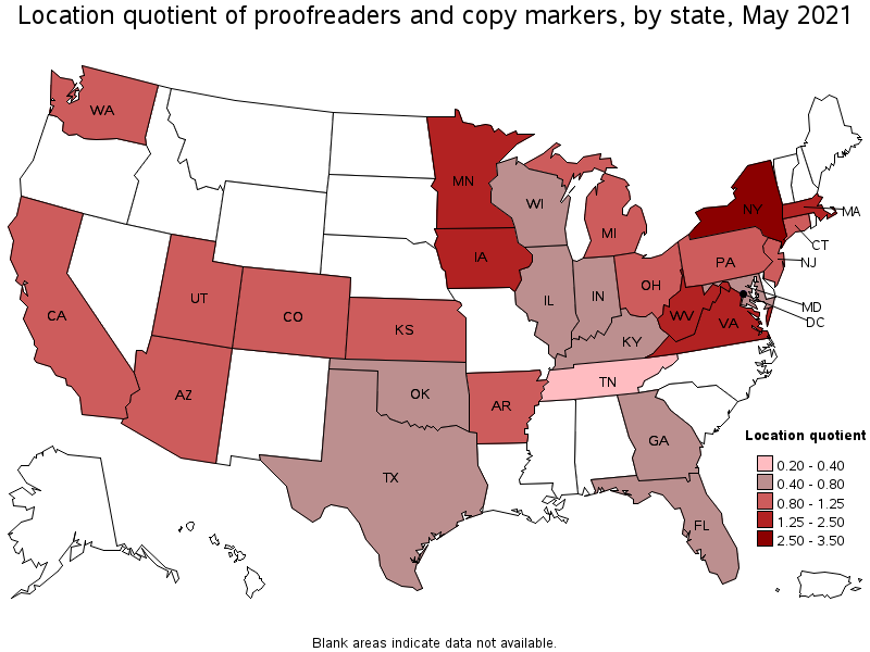 Map of location quotient of proofreaders and copy markers by state, May 2021
