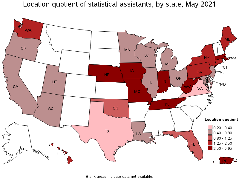 Map of location quotient of statistical assistants by state, May 2021