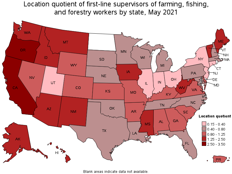 Map of location quotient of first-line supervisors of farming, fishing, and forestry workers by state, May 2021