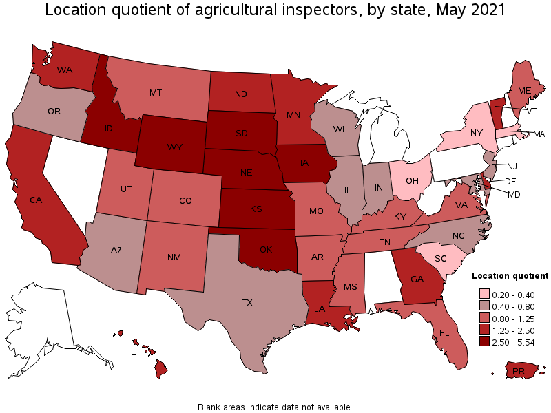 Map of location quotient of agricultural inspectors by state, May 2021