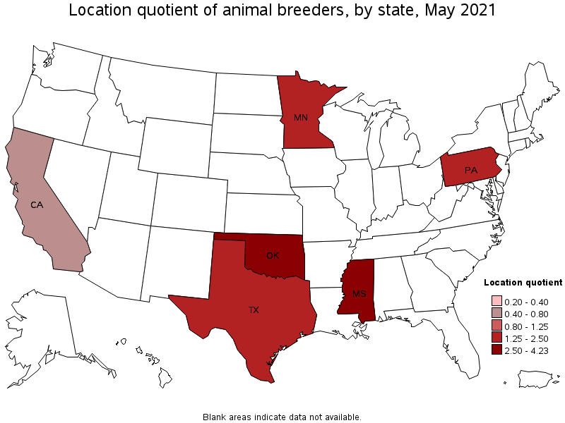 Map of location quotient of animal breeders by state, May 2021