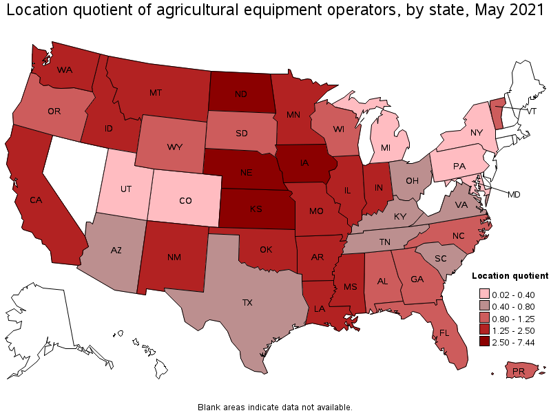 Map of location quotient of agricultural equipment operators by state, May 2021