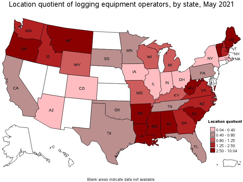 Map of location quotient of logging equipment operators by state, May 2021