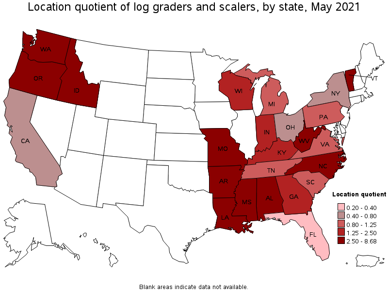 Map of location quotient of log graders and scalers by state, May 2021