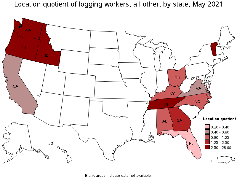 Map of location quotient of logging workers, all other by state, May 2021