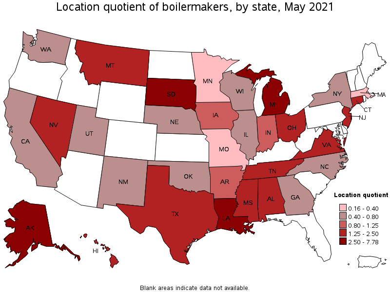 Map of location quotient of boilermakers by state, May 2021