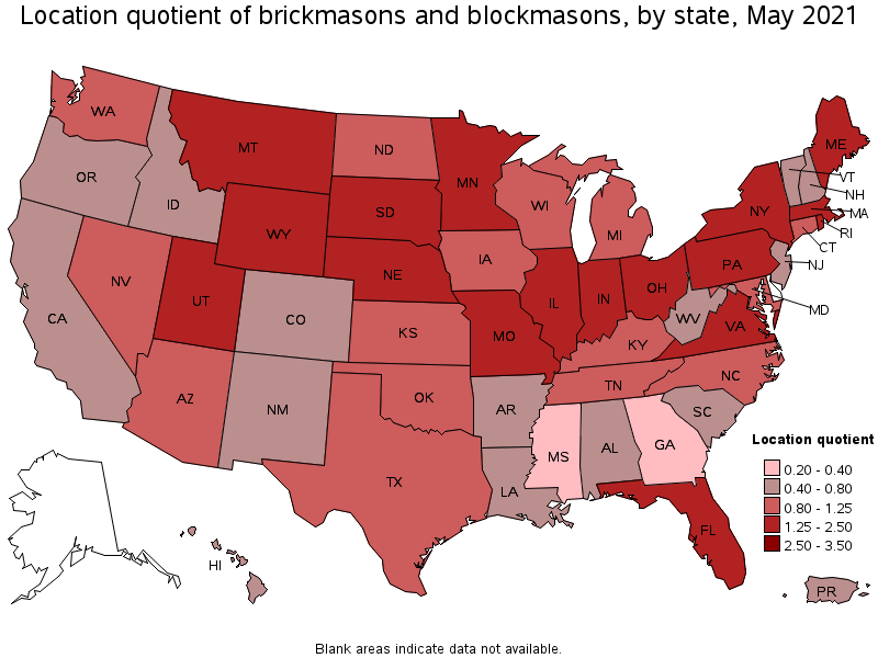 Map of location quotient of brickmasons and blockmasons by state, May 2021