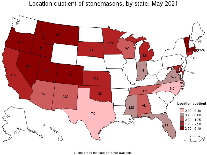 Map of location quotient of stonemasons by state, May 2021