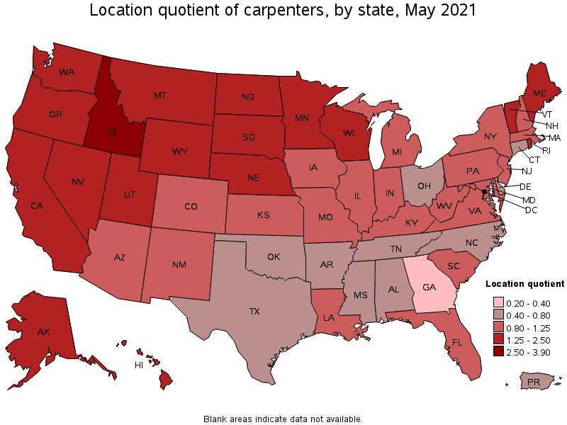 Map of location quotient of carpenters by state, May 2021