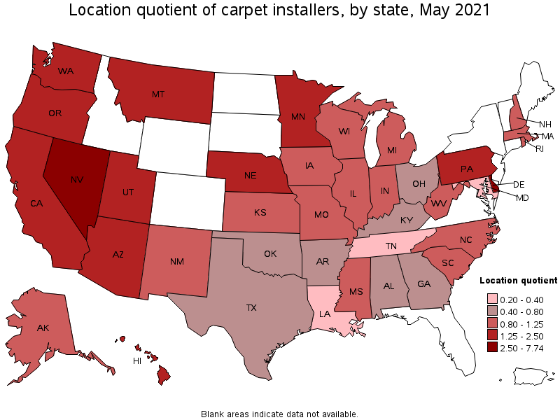 Map of location quotient of carpet installers by state, May 2021